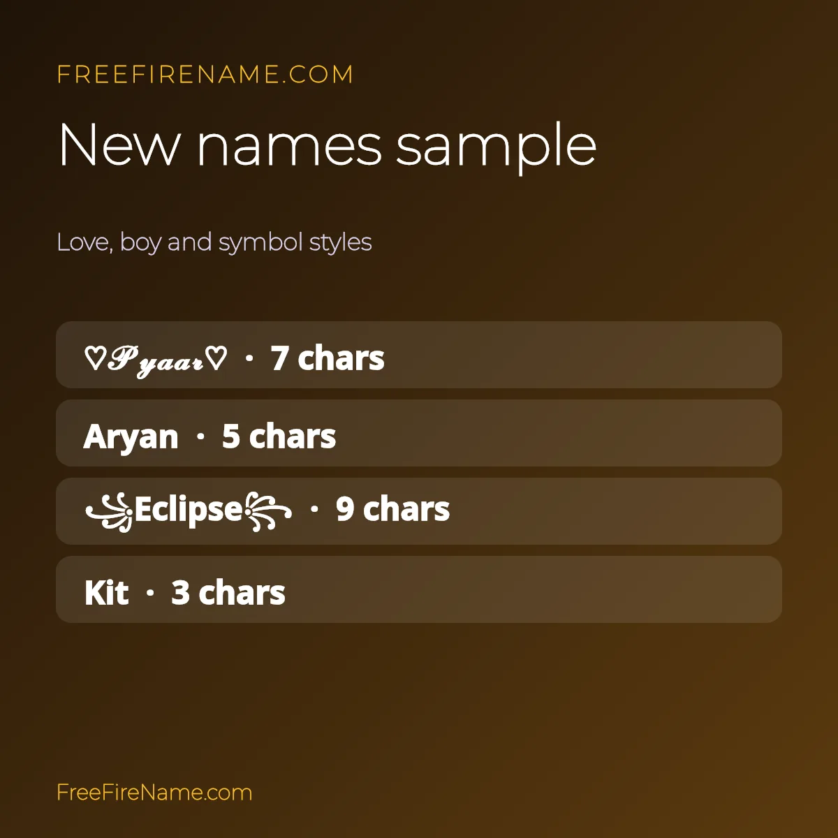 Examples of new Free Fire names for 2026 with love, boy and symbol styles