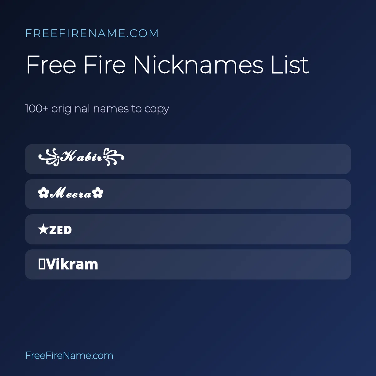 Examples of styled Free Fire nicknames in script and small-caps letters